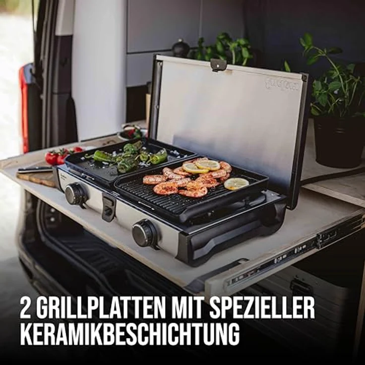 Enders Ryda 2Z GP, Gaskocher mit 2 flammigen Edelstahlbrennern, 2x2,3 kW, Zündsicherung, inkl. Grillplatte, Gasschlauch und Windschutz, kompakt für Camping, #1883 – Bild 4