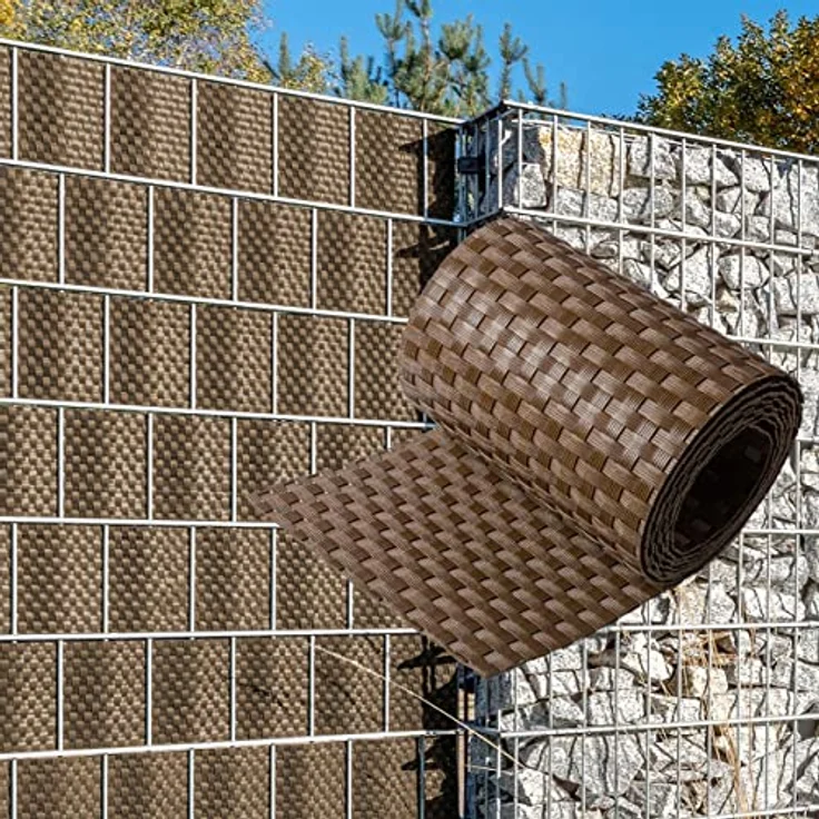 NYVI Polyrattan Sichtschutzstreifen Privafence Braun, wetterfest, blickdicht, 255 x 19 cm, 6 Rollen (15,3 Meter) für Doppelstabmattenzaun – Bild 1