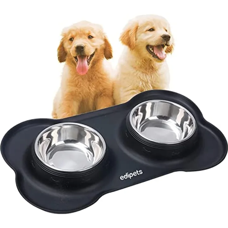 Edipets, Futternapf für Hund Katzen und Haustiere, Trinker für Hund Katzen, Doppelteller aus Edelstahl, rutschfeste Silikonbasis (480 Gr, Schwarz)