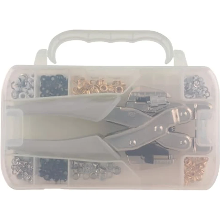 Rayher Loch- und Ösenzange, Universalwerkzeug im Plastikkoffer, inkl. 160 Ösen (3 mm und 5 mm ø) in 4 Farben, präzise Stanze für Papier, Leder und Stoff – Bild 2