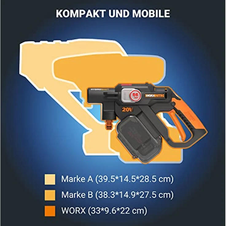 WORX WG633E.9 Hydroshot Akku-Hochdruckreiniger 20V - 56 Bar Max. Druck - zur Reinigung & Bewässerung - leistungsstarker bürstenloser Motor - 5-in-1 Druckdüse - ohne Akku & Ladegerät, Schwarz – Bild 4