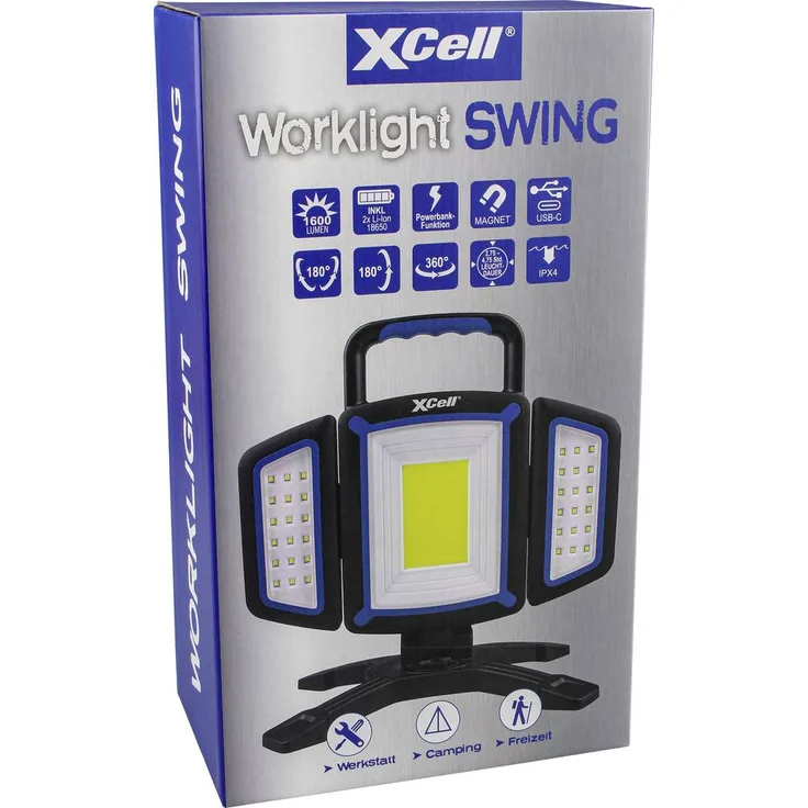 XCell 151274 COB LED Akku-Arbeitsleuchte, 1600 Lumen, 5 Leuchtmodi, Powerbank-Funktion, IP20, schwarz