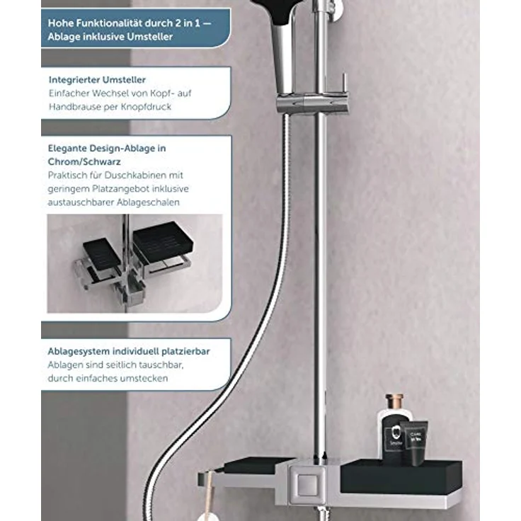 Schütte BLUEPERL Duschsystem ohne Armatur mit Ablage, Komplett Dusch-Set (Regendusche mit Wandhalterung, Duschsäule, 22,5 x 22,5cm Duschkopf und Brauseschlauch) 60566, Chrom/Schwarz – Bild 2