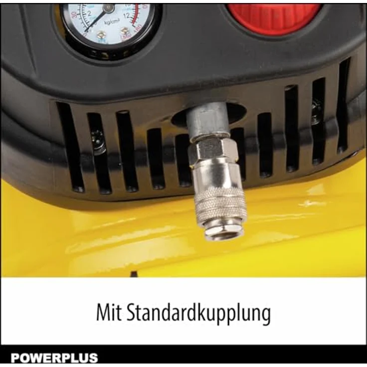 POWERPLUS Kompressor POWX17250, ölfrei, 1200W, 24L Tankvolumen, bis 8 bar Druckregelung, mit Manometer und Sicherheitsventil, mobil mit Tragegriff und Rädern – Bild 5