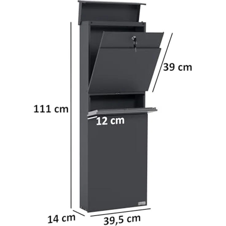 Zelsius Briefkasten mit Zeitungsfach | Postbox in Anthrazit (RAL7016) mit Edelstahl Zeitungsfach, Standbriefkasten mit 2 Schlüsseln und Montagematerial – Bild 2
