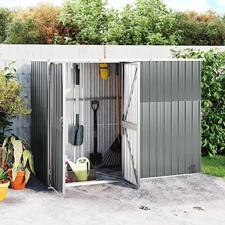 vidaXL Gerätehaus Geräteschuppen Gartenhaus Gartenschuppen Schuppen Lagerschuppen Werkzeugschuppen Grau 225x89x161cm Verzinkter Stahl mit schrägem Dach – Bild 2