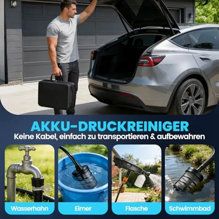Bundviel 180Bar Akku Hochdruckreiniger, 6-in-1 Druckreiniger mit 2×4000mAh Akkus und 180° Rotationsdüse für Auto, Terrasse und Outdoor-Reinigung – Bild 9