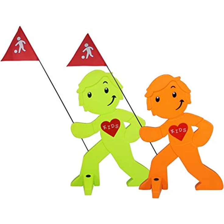 StreetBuddy - Warnfigur mit Fahne, reflektierender Warnaufsteller für Kindersicherheit - Achtung langsam Fahren - Vorsicht spielende Kinder - Schild Autofahrer Warnung - 2er Set (Grün/Orange) - Preisvergleich – Bild 2