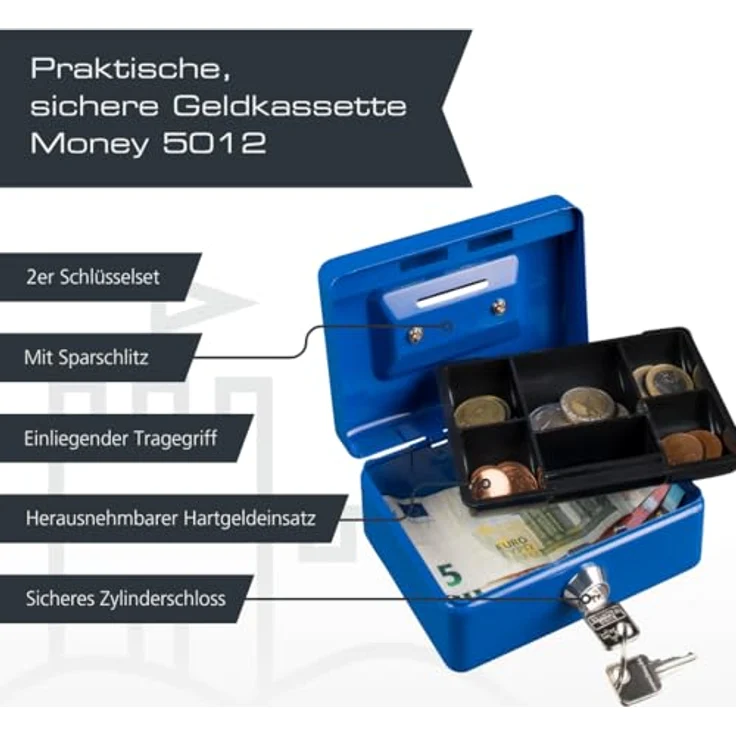 BURG-WÄCHTER Geldkassette, MONEY 5012, Stahlblech, Blau, Inkl. 2 Schlüssel und Hartgeldeinsatz, Mit Einwurfschlitz – Bild 3
