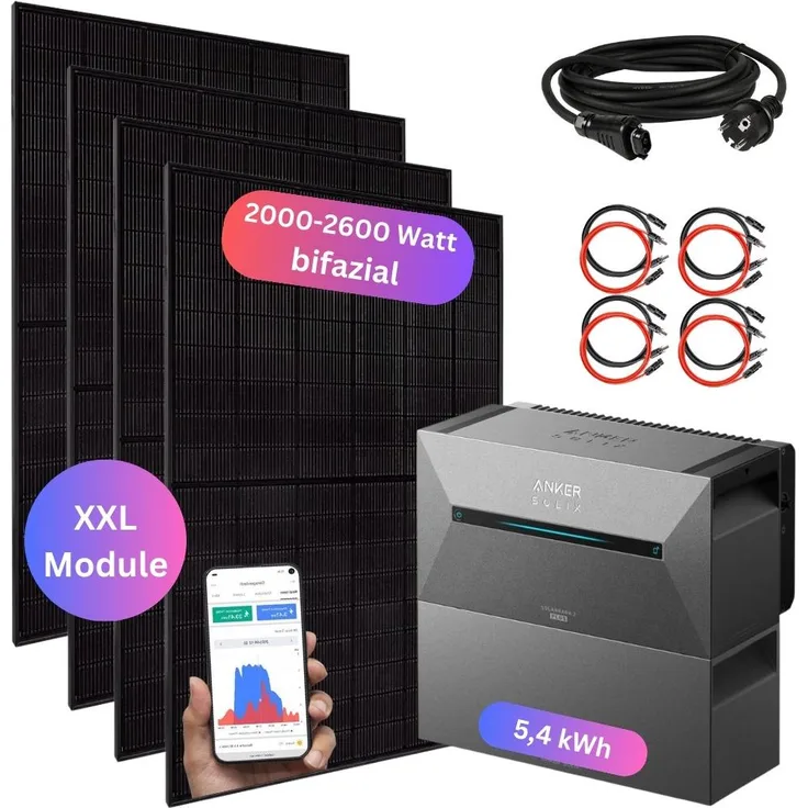 MYVOLTAICS Balkonkraftwerk 2000+ Watt, Komplett-Set mit Anker Solarbank 3 und Zusatzakku (5,4 kWh), steckerfertig, modular erweiterbar bis 16 kWh