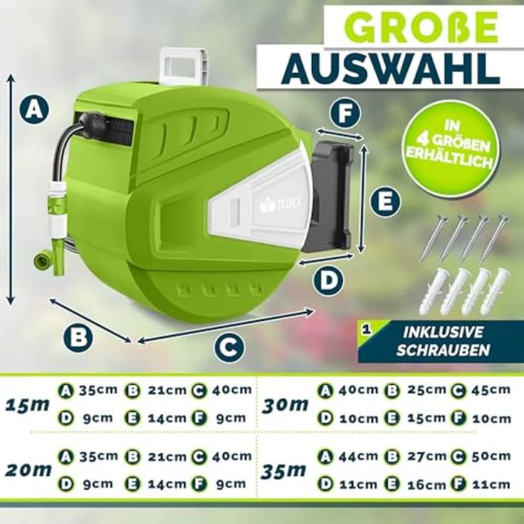 tillvex Schlauchtrommel Wasser mit Wandhalterung, 35m Gartenschlauch, 180° schwenkbar, Handbrause mit 9 Funktionen, Aufroll-Automatik, grün – Bild 3