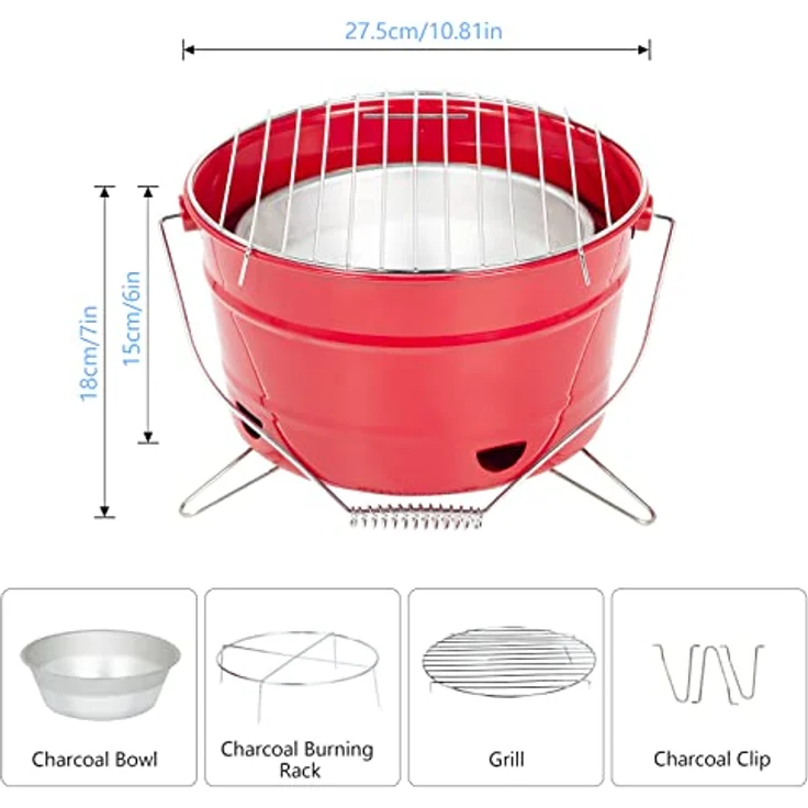 Uten Grill Tragbarer Grilleimer mit Griff, Leckeres BBQ, Picknickgrill mit Großer Grillfläche, Holzkohle, Durchmesser 27,5 cm, Geeignet für 1-4 Personen, Rot – Bild 5