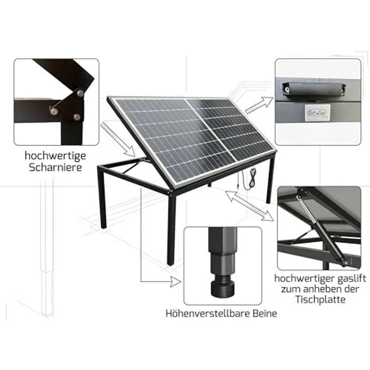 Jet-Line JET-LINE 450W Solar-Tisch, Aluminium Gartentisch mit Liftfunktion für 6-8 Personen, schwarz – Bild 5