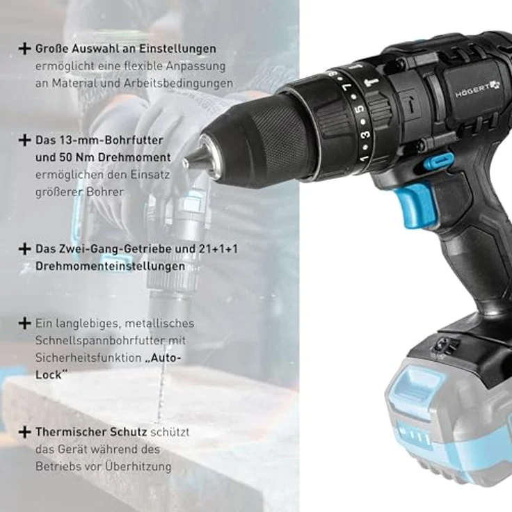 HÖGERT TECHNIK Akku-Schlagbohrschrauber Set 18V, 50 Nm, 2,0 Ah Akku, 4A Ladegerät, Metallgetriebe, LED-Beleuchtung, für Beton, Holz & Metall – Bild 3