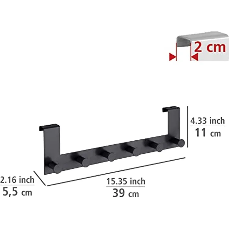 WENKO Türgarderobe Celano, Hakenleiste mit 6 Haken aus lackiertem Stahl für Türfalzstärken bis 2 cm, schwere Qualität, 39 x 11 x 5,5 cm, Schwarz – Bild 3