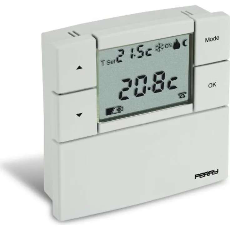 Perry Sesam 1TP TE530B Digitaler Raumtemperaturregler, 3 V Serie Zefiro, 80 x 80 mm, weiß