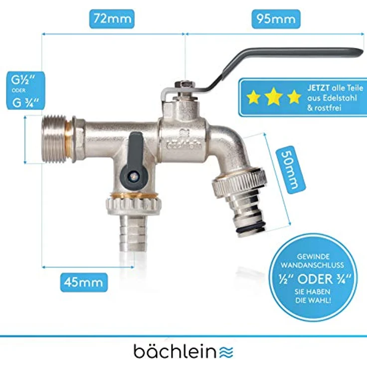 Bächlein Universal Doppel Auslaufhahn für den Garten [anthrazit] inkl. 2 Schlauchanschlüssen - edler Doppelwasserhahn mit 1/2 und 3/4 Zoll Anschluss, Doppel Kugel-Auslaufventil – Bild 4
