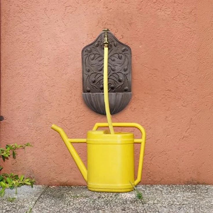 relaxdays Gartenbrunnen Brauner Wandbrunnen, Wasserspiel aus Gusseisen mit Wasserhahn, 40 x 24 x 15 cm – Bild 2