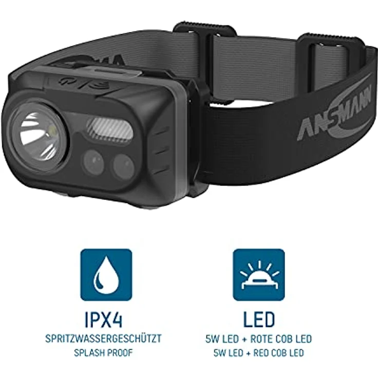 ANSMANN LED Stirnlampe HD230BS mit Gestensteuerung inkl. Batterien & 4x Halteclips für Bauhelme - Kopflampe LED mit Sensor ideal zum Radfahren Laufen mit Hund Joggen Angeln Werkstatt Jagd, Schwarz – Bild 3