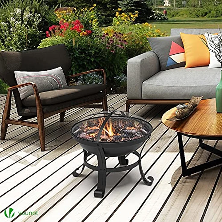 VOUNOT Feuerschale mit Funkenschutz, Feuerkorb Feuerstelle für Heizung, Garten, Camping, Terrasse, Ø 55 cm, Schwarz – Bild 5