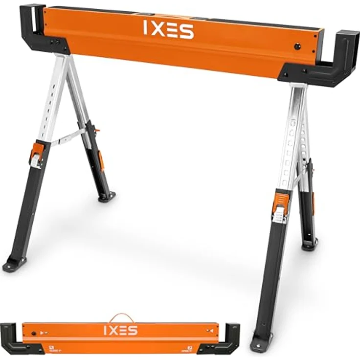 IXES Arbeitsbock höhenverstellbar | Profi Sägebock | max. 600 kg Traglast | Arbeitshöhe 618-820 mm | Metall Klappbock | Anti-Rutsch-Beschichtung