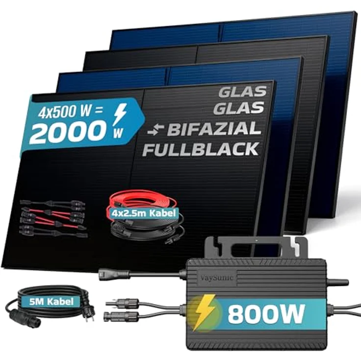 SUNNIVA® 2000W Balkonkraftwerk BIFAZIAL FULLBLACK, PV Solaranlage Komplettset mit 4x500W Glas-Glas Bifacial Solarmodulen, 800W Wechselrichter und steckerfertigem Kabelset – Bild 2