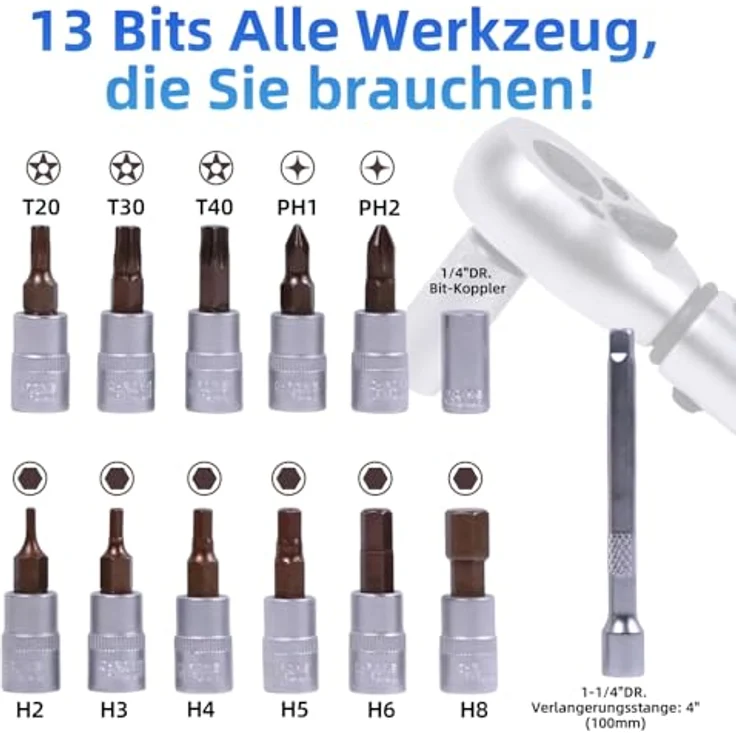 Mucola Drehmoment-Schlüssel Set 1/4" 3-25Nm, mit 72 Zähne Wende Ratschenkopf, inkl. Bits, Verlängerungsstange und Arbeitshandschuhe, ±3% Fehlergenauigkeit – Bild 5