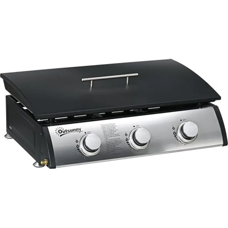Outsunny Gasgrill, Tischgrill BBQ mit 3 Brennern, Tischgasgrill mit Schlauch, Deckel, Campinggrill für Garten, Edelstahl, Metall, Schwarz, 63 x 47 x 25 cm - Preisvergleich