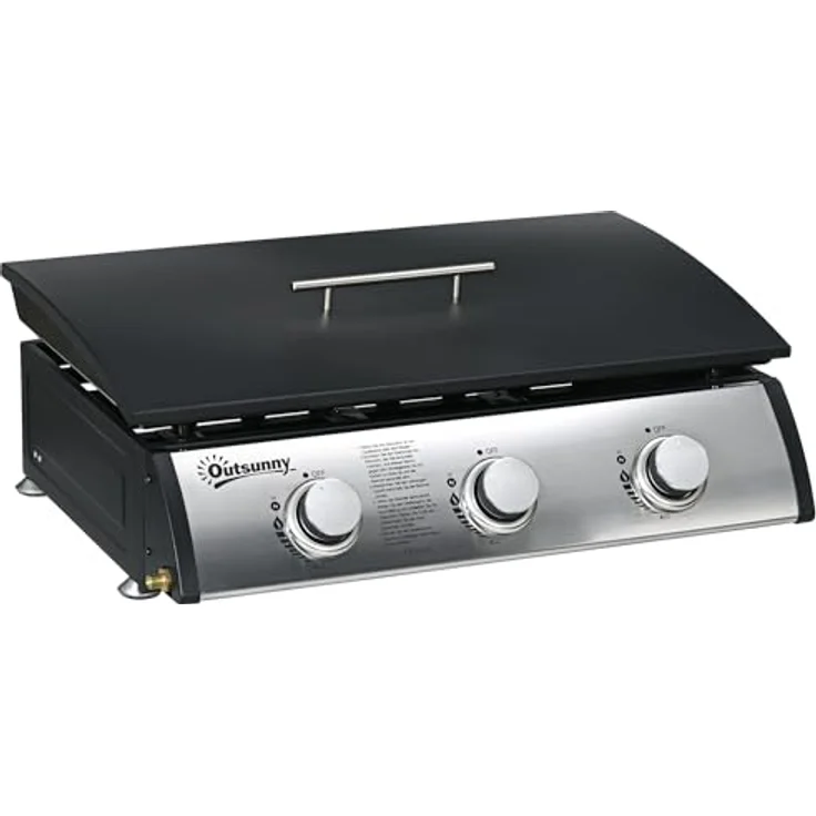 Outsunny Gasgrill, Tischgrill BBQ mit 3 Brennern, Tischgasgrill mit Schlauch, Deckel, Campinggrill für Garten, Edelstahl, Metall, Schwarz, 63 x 47 x 25 cm - Preisvergleich – Bild 1