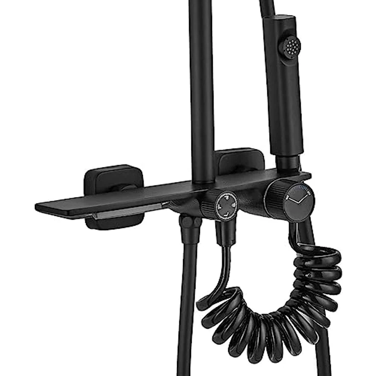 Rea Duschsystem HELIX Black, Duschset mit Duscharmatur, Regendusche 20 x 30 cm, Messing, Duschgarnitur für Badezimmer (Schwarz) – Bild 2