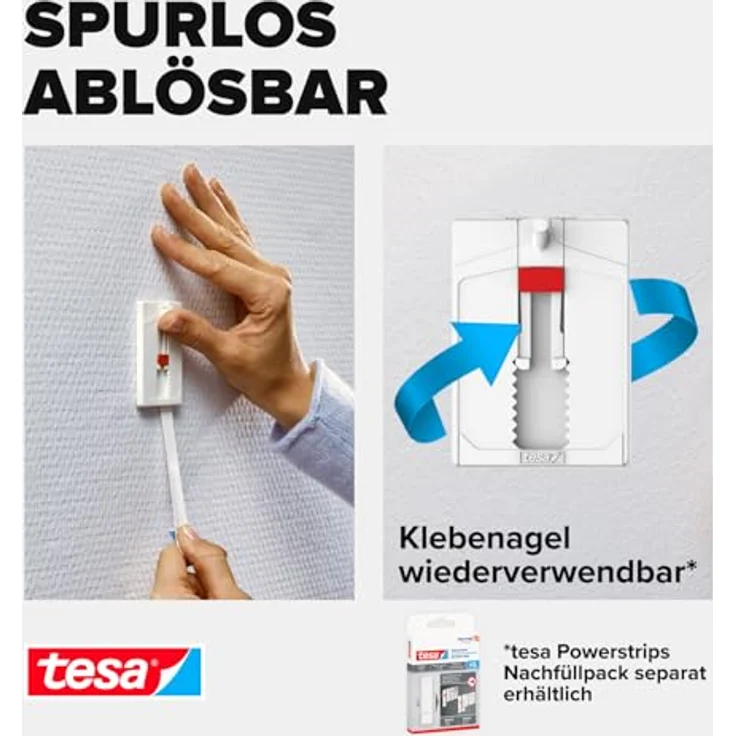 tesa 77777-00000-00 Tapete & Putz bis 2kg Verstellbarer Klebenagel für Tapeten und Putz-Selbstklebender Nagel Powerstrips - 2 x 2 kg Halteleistung, Weiß, 2 kg, 2 Stück – Bild 6
