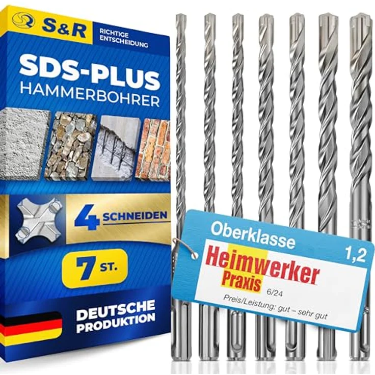 S&R Hammerbohrer/Steinbohrer Set 7-tlg SDS-Plus, 4-Schneiden Hartmetallschneide für Beton, Granit & Stein, 5-12mm, Multi-KVS-Helixnut, Industriequalität – Bild 1