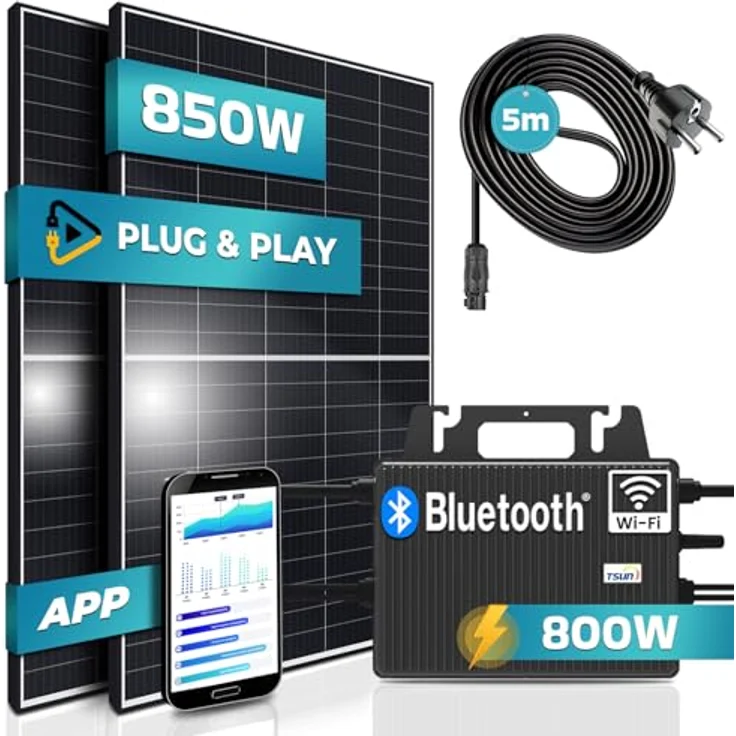 SUNNIVA® Balkonkraftwerk 850/800W Solaranlage mit 800W TSUN Micro Wechselrichter, WIFI Bluetooth, upgradebar drosselbar, 2 x 425W Solarmodule, 5m Anschlusskabel, PV Anlage – Bild 1