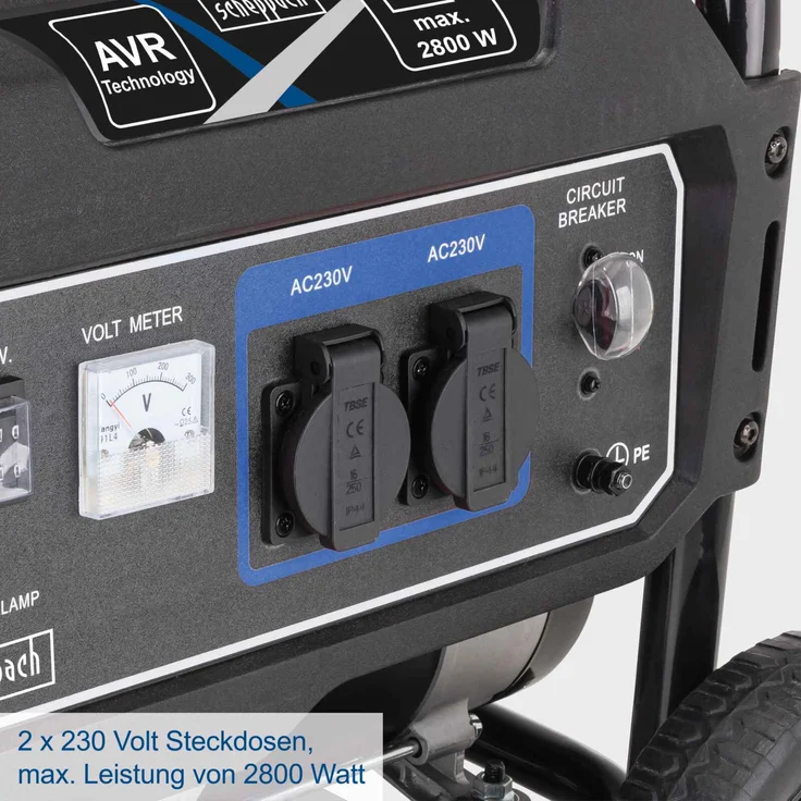 Scheppach SG3200x Generator Stromgenerator Stromerzeuger Notstromaggregat 2800 Watt, 6 PS Leistung, 15L Tank, 212 cm³ 4-Takt-Motor, 2x 230V Steckdose, inkl. Griff & Fahrvorrichtung – Bild 2