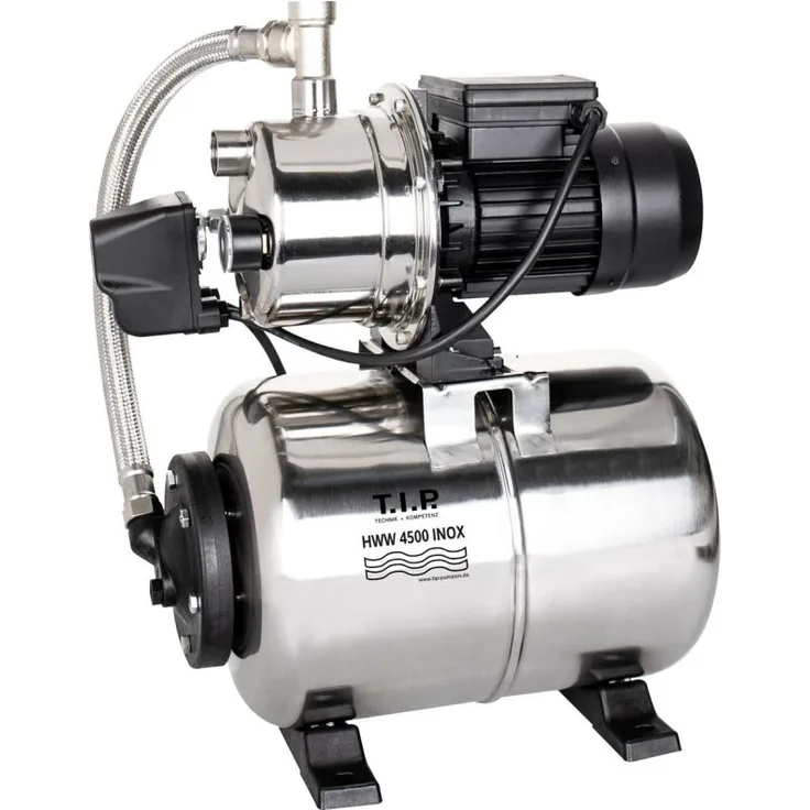 T.I.P. 31140 HWW 4500 INOX Hauswasserwerk Hauswasserpumpe 4.350 l/h Ansaughöhe 9 m Förderhöhe 50 m Förderdruck 5 bar 24 l Druckkessel