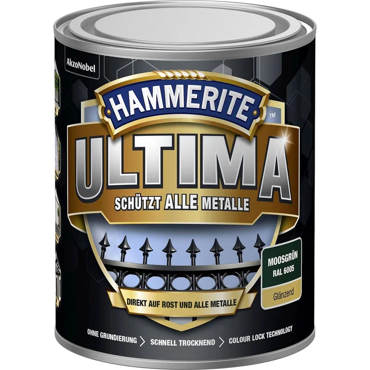 Hammerite Ultima Metall Schutzlack für alle Metalle, direkt auf Rost Glänzend RAL6005 Moosgrün 750ml – Bild 1