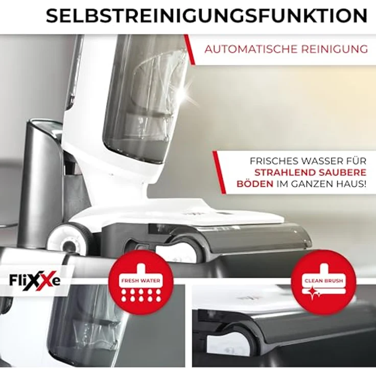 Flixxe 2x2 Squizlle Nass-Trockensauger - kabellos, 150W, 30 Min Laufzeit, LED-Display, Selbstreinigung, X-Sense Technologie, Zwei-Tank-System, Tierhaar-Entfernung, beidseitige Kantenreinigung - schwarz – Bild 5