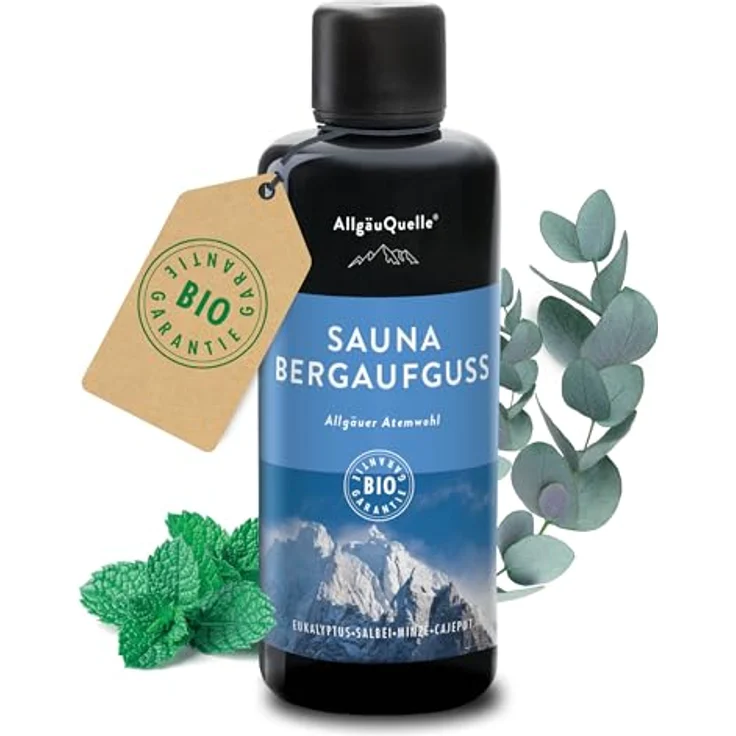 AllgäuQuelle® Saunaaufguss Atemwohl Eukalyptus Minze Salbei Cajeput, 100ml, 100% BIO-Öle, Naturrein, UV-geschütztes Bio-Energie-Glas – Bild 1