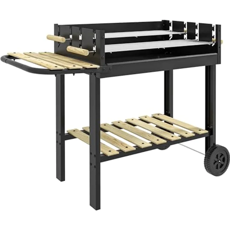 Outsunny Holzkohlegrill, Campinggrill mit zwei Grillrost, Ablage, Gartengrill mit Griff für BBQ, Metall, Schwarz, 113 x 53,5 x 82,5 cm