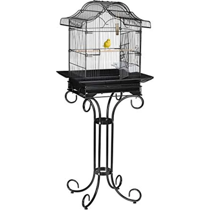 Relaxdays Vogelkäfig mit Ständer, Kanarien, Finken, Sitzstange, Futternapf, Exotenkäfig, HBT 146,5 x 55 x 50 cm, schwarz – Bild 1