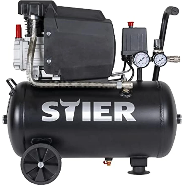 STIER Kompressor LKT 240-8-24, 1100 W, max. Druck 8 bar, 24 Liter Tank, geeignet für Ausblaspistolen und Farbspritzpistolen, mobil und vibrationsarm – Bild 1