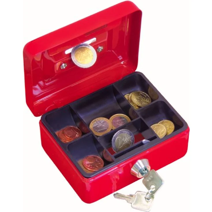 Wedo 144002 Kindergeldkassette Spardose (mit Einwurfschlitz, 5-Fächer-Münzeinsatz, Sicherheitsschloss, aus Stahlblech, 2 Schlüssel) rot – Bild 3