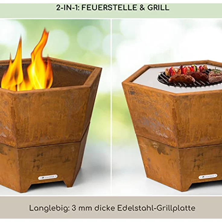 Blumfeldt Feuerschale mit Grillrost, Outdoor Stahl-Feuerschale Groß für Balkon & Camping, Mobiler Standfuß, Wetterfest - Sechseckige Feuerstelle – Bild 2