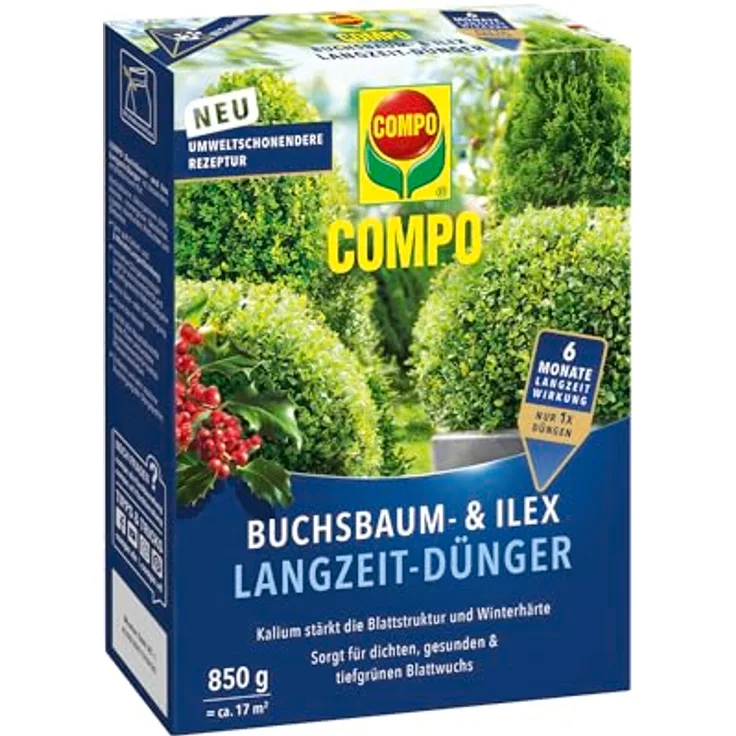 Compo Buchsbaum- und Ilex Langzeit-Dünger, Spezialdünger für Buchsbäume, Stechpalmen und Hecken, 6 Monate Wirkung, umweltschonend, 850 g für 17 m²
