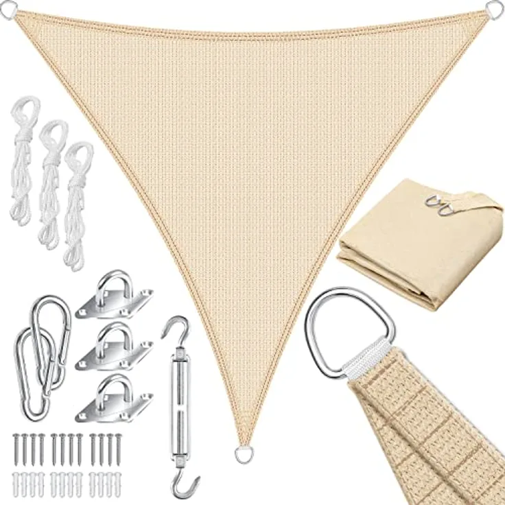 KESSER Sonnensegel Sonnenschutz Windschutz HDPE Gewebe wasserabweisend & windabweisend Dreieck 5-Fach quer vernäht robust & stabil Schattenspender Garten Balkon Terrasse Dreieck, Creme, 5x5x5m