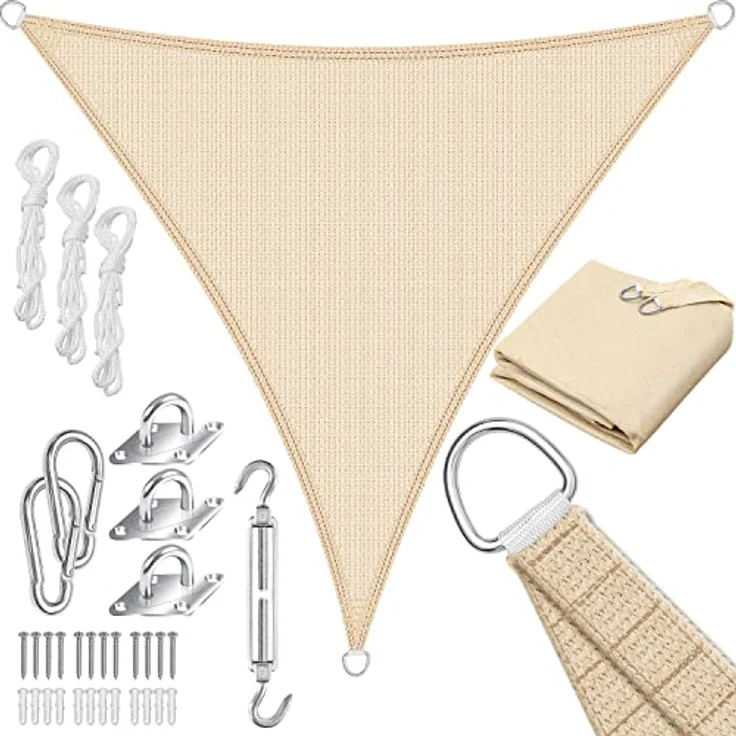 KESSER Sonnensegel Sonnenschutz Windschutz HDPE Gewebe wasserabweisend & windabweisend Dreieck 5-Fach quer vernäht robust & stabil Schattenspender Garten Balkon Terrasse Dreieck, Creme, 5x5x5m – Bild 1