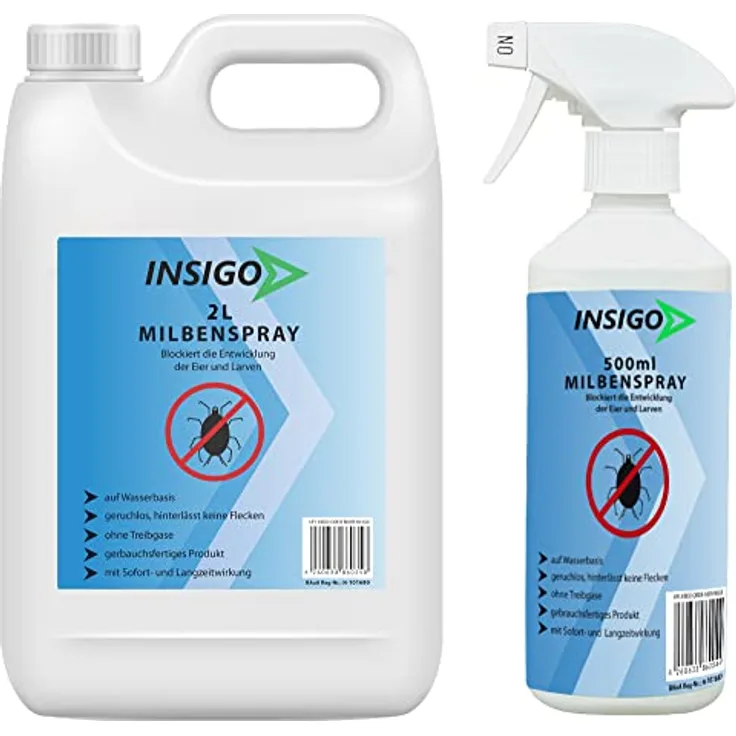 Insigo Milbenspray 2L + 500ml | Milbenspray gegen Krätze | Milbenspray für Matratzen | Milben Spray für Innen & Aussen, Wasserbasis, Geruchlos