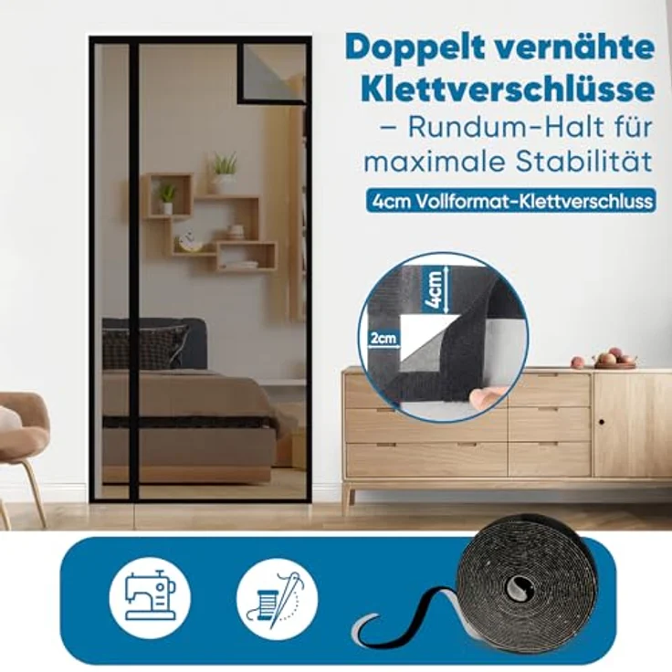 Sekey Fliegengitter Türvorhang, Magnet Insektenschutz mit Kratzsicherer Fiberglas-Qualität, Für Seitliches Öffnen, 110x220cm Schwarz, Einfache Installation ohne Bohren – Bild 3
