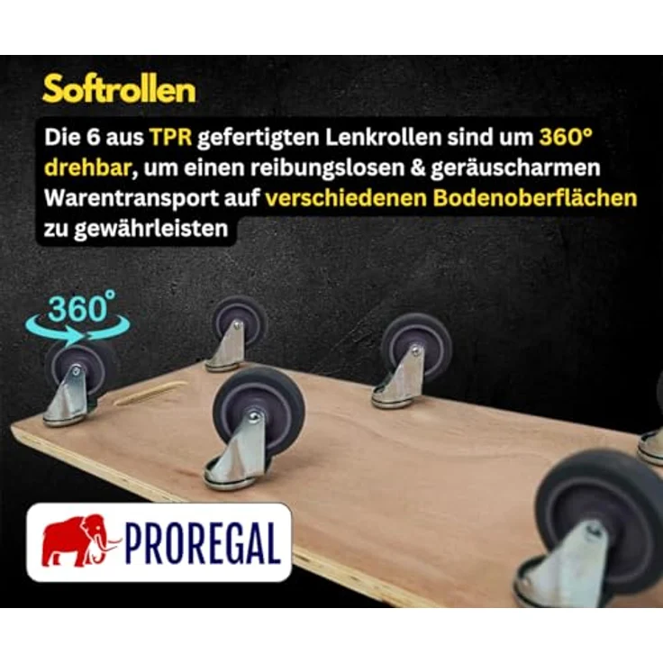 PROREGAL Profi Transportroller, 6er Set mit 6 Rollen, Traglast 300 kg, Sperrholzplatte, braun, HxBxT 11 x 30 x 68 cm – Bild 5