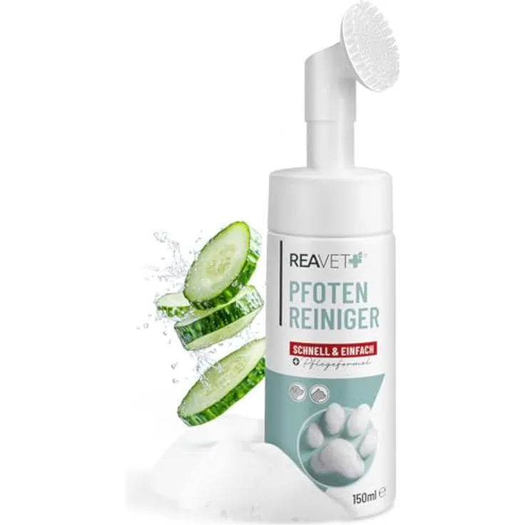 ReaVET Pfotenreiniger für Hunde & Katzen, Pflegender Reinigungsschaum mit Bürste, sanfte Reinigung ohne Ausspülen, 150ml, mit Hamamelis & Gurke